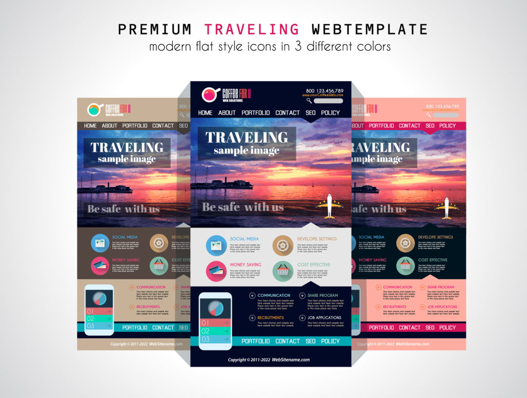 One page website flat UI design template. It include a lot of flat stlyle icons, forms, header, footeer, menu, banner and spaces for pictures and icons all in one page.